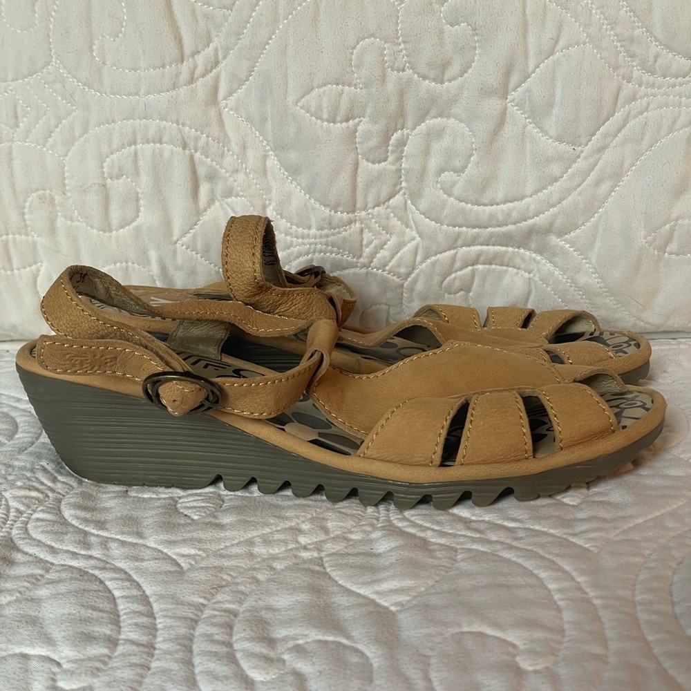 Fly London Tan Wedge Sandals with Adjustable Straps 38